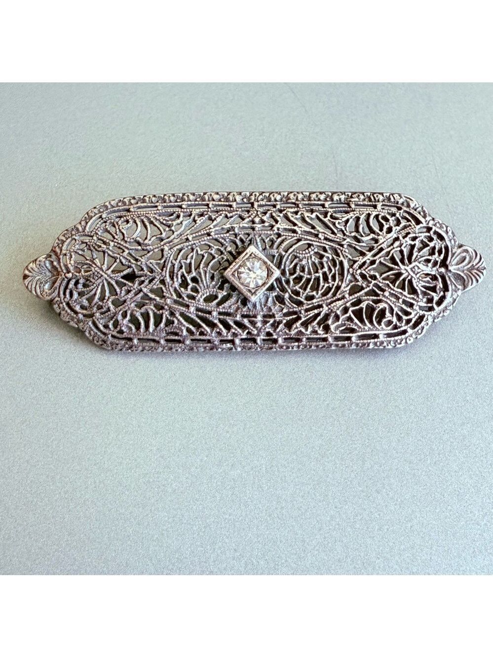 Vintage Art Deco Sterling Silver Rhinestone Filigree Pin Brooch - Picture 1 of 6